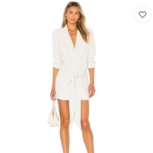 L'Academie The Rosemarie Mini Dress XS Ivory Front Buttons Padded Shoulders Tie